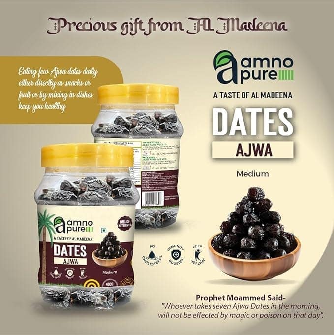 Amno Pure Ajwa Dates 400g Khajoor | Khejur | Medium Size | Healthy Nutrious Dry Snack | All Natural view 4