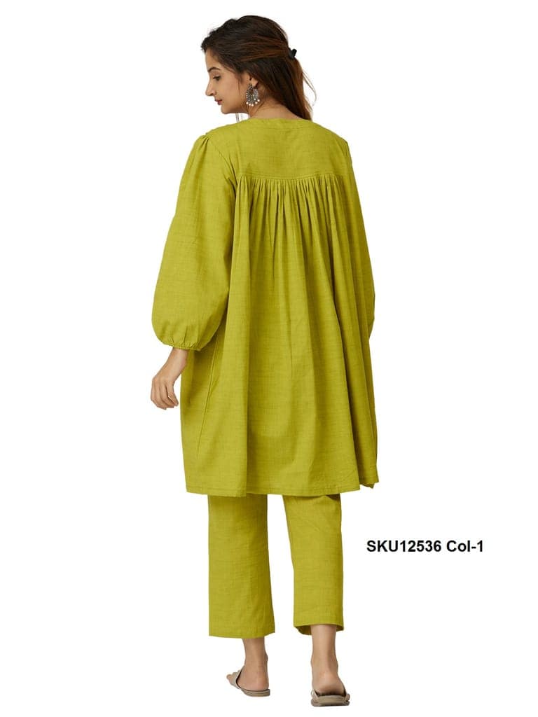 Lime Green Cotton Co-ord Set for Women with Mirror Work & Balloon Sleeves view 6
