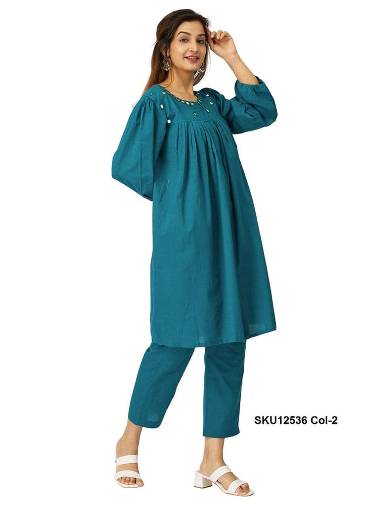 Lime Green Cotton Co-ord Set for Women with Mirror Work & Balloon Sleeves view 8