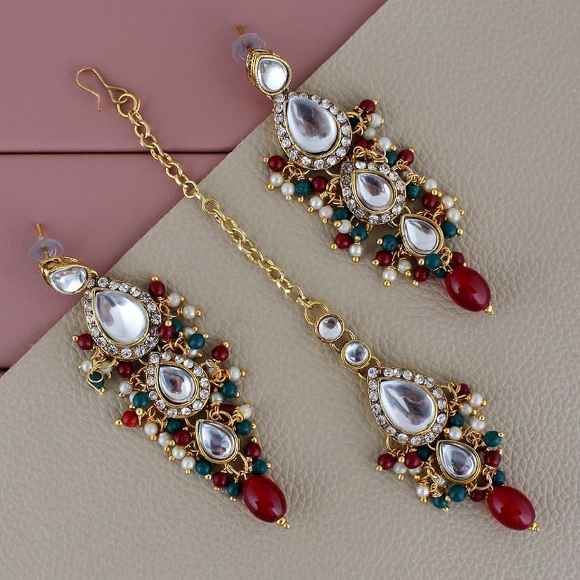 Lucky Jewellery Gold Plated Multi Color Tika Earring Necklace Combo Kundan Jewellery Set (726-MSK-3-LINE-MG) view 2