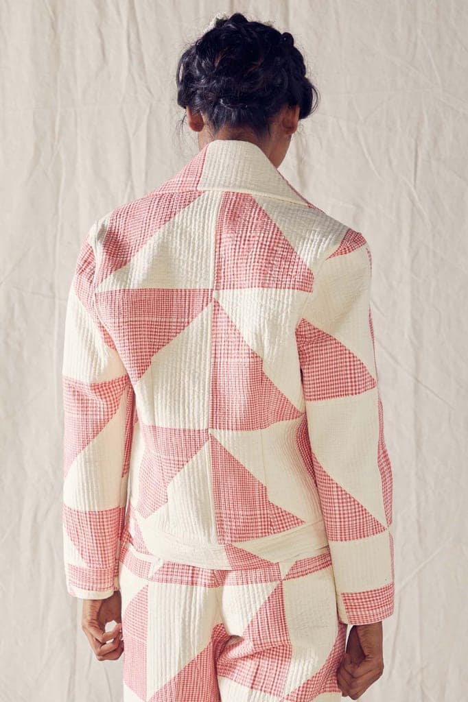 Quilted Pant And Jacket Co-Ord In Red And Off White Checks Cotton Khadi Mulmul view 5