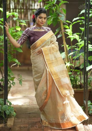 Tan Gold Tissue Linen Saree with light mirror work