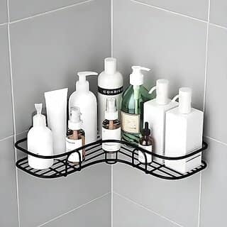 (Pack of 1) Shower Caddy Corner Shower Organizer With Soap Holder Stainless Steel Shelf 5 in 1 Self Adhesive Shelf Organizer Combo/Metal Racks and Shelves for Wall/Stand
