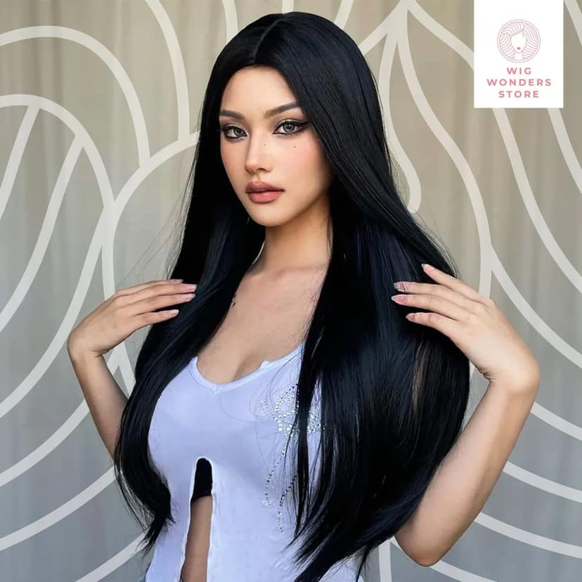 Black Wig, Wig Black, Long Wig, Wigs, Wig, Synthetic Wig, Long Straight Black Wig, Cosplay Wig, Party Wig, view 6