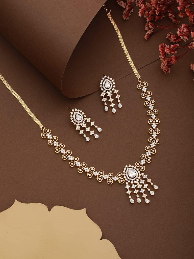 Gold Toned AD Studded Minimal Floral Delicate Pendant Jewellery Set view 3