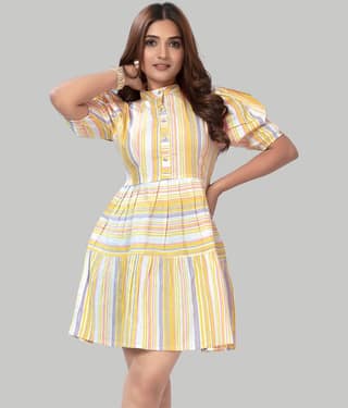 ZELZIS Cotton Striped Above Knee Women's Fit & Flare Dress - Yellow ( Pack of 1 )