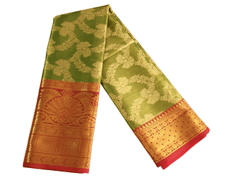 Women's Light Green Silk Imitation Pattu Saree with Golden Zari Weave & Red Border