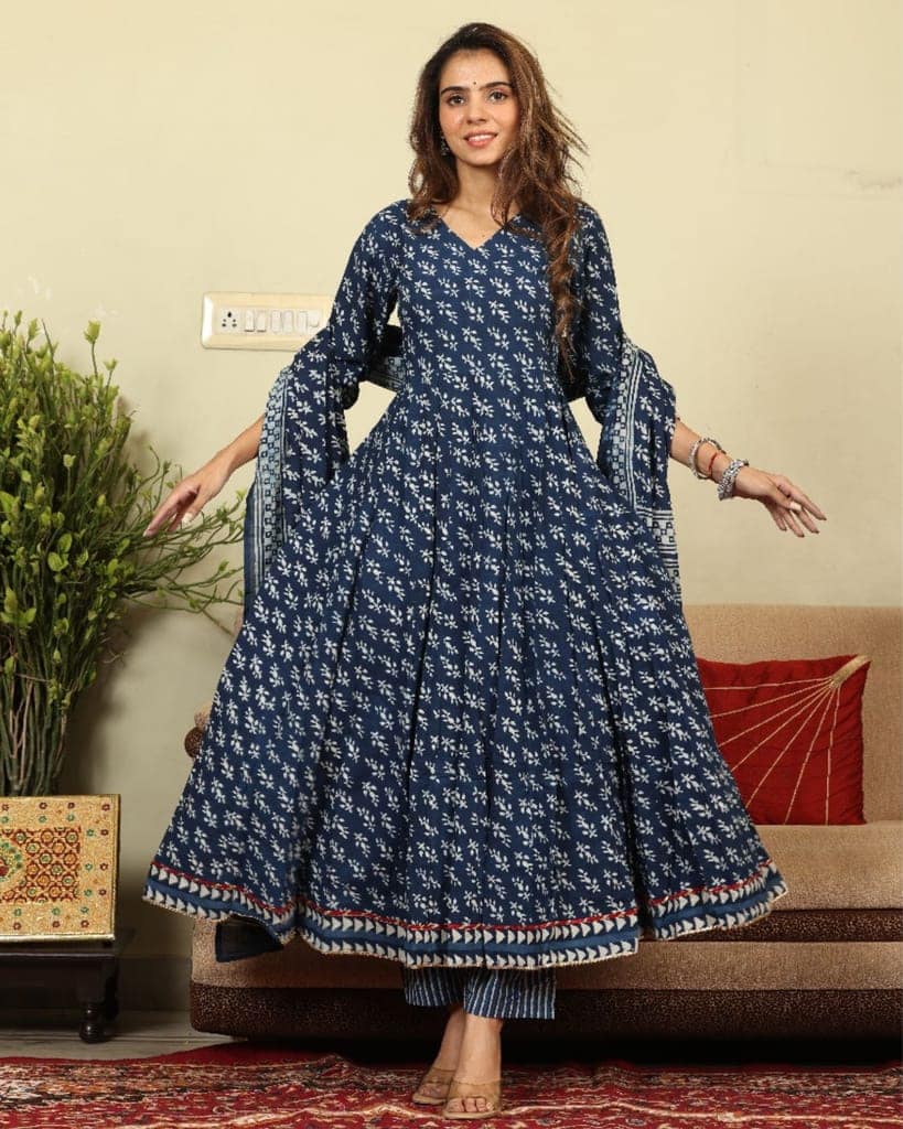 Anarakali Kurti Set Blue Color Bagru Handblock print with Mulmul Dupatta-8810 view 2