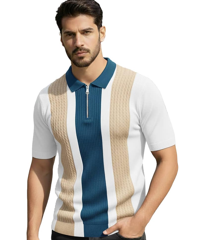 AOOSH Men Cotton Blend Regular Fit Striped Polo T Shirt ( Beige )