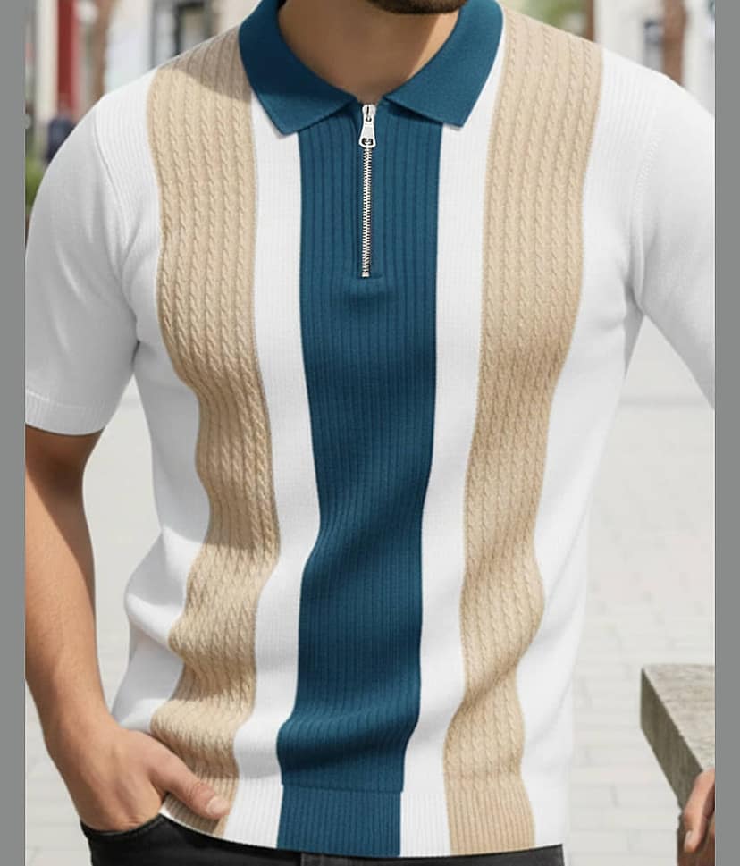 AOOSH Men Cotton Blend Regular Fit Striped Polo T Shirt ( Beige ) view 2