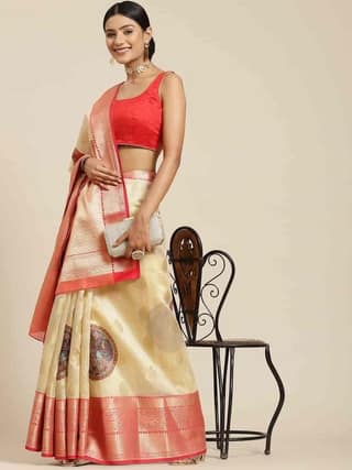 Women's Banarasi Digital Printed Zari Woven Saree with Unstiched Blouse Piece
