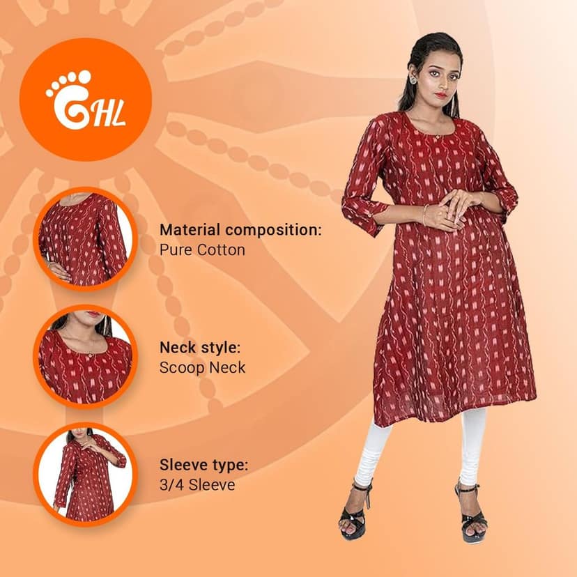 GHL GUENDICHA HAAT Sambalpuri Certified Handloom Women's Pure Cotton Round Neck Long Kurta view 5
