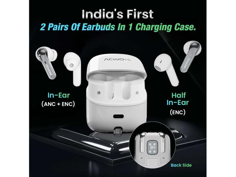 ACwO Dwots Fire ANC India's First 4 in Ear Buds in 1 Case with ANC, 70Hrs Battery, ANC & Transparency Mode|, Bass &Theatre Modes, 4 Mics Ai-Enc - Silver view 2