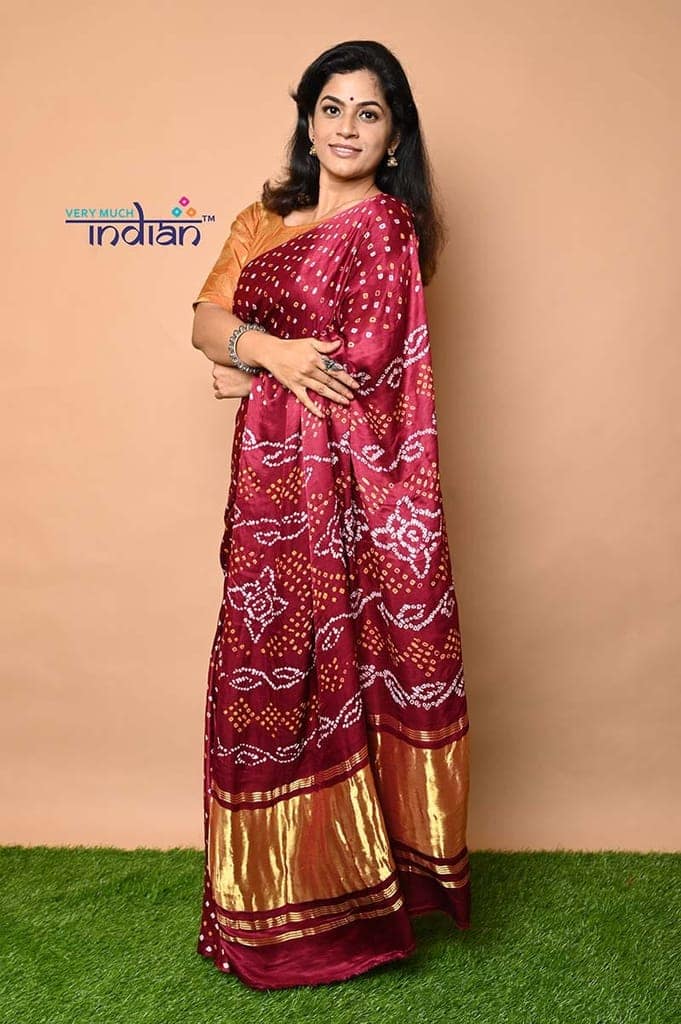 Pure Gajji Silk Handmade Wine colour &amp; Gold Bandhani Weave view 3