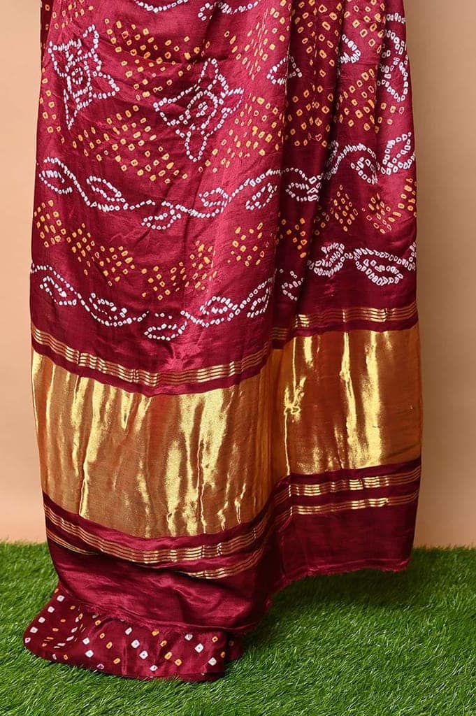Pure Gajji Silk Handmade Wine colour &amp; Gold Bandhani Weave view 5