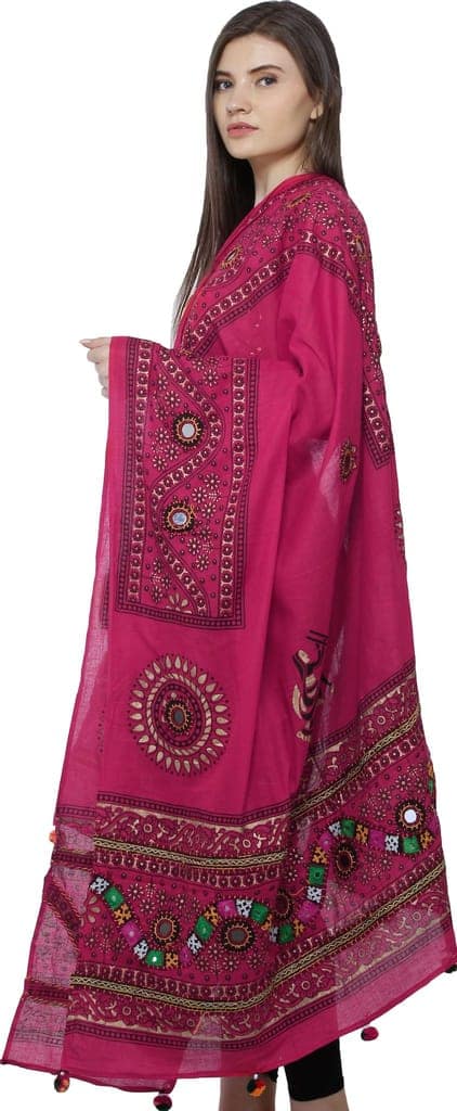 Fuchsia Printed Dupatta from Kutch with Hand-Embroidered Florals and Mirrors view 2