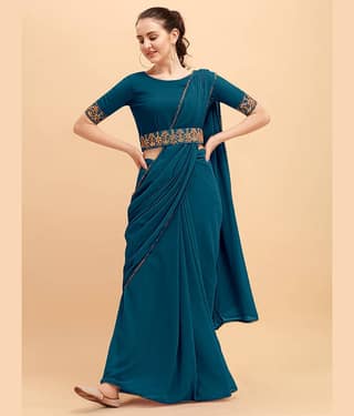 BLEESBURY Georgette Solid Saree With Unstitched Blouse Piece ( Teal )