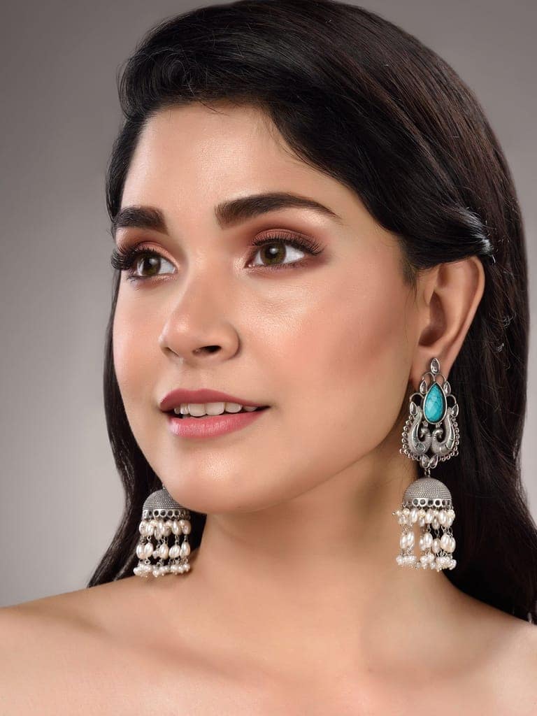 Turquoise Blue studded & beaded Oxidised Jhumka Earrings