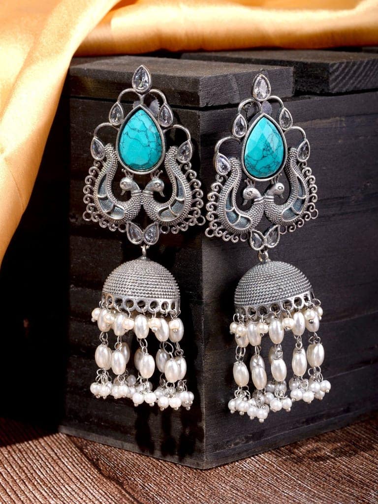 Turquoise Blue studded & beaded Oxidised Jhumka Earrings view 2
