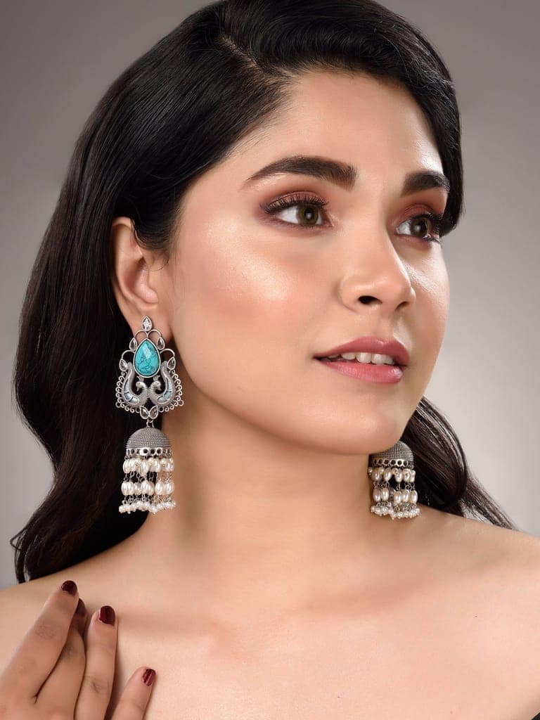Turquoise Blue studded & beaded Oxidised Jhumka Earrings view 3