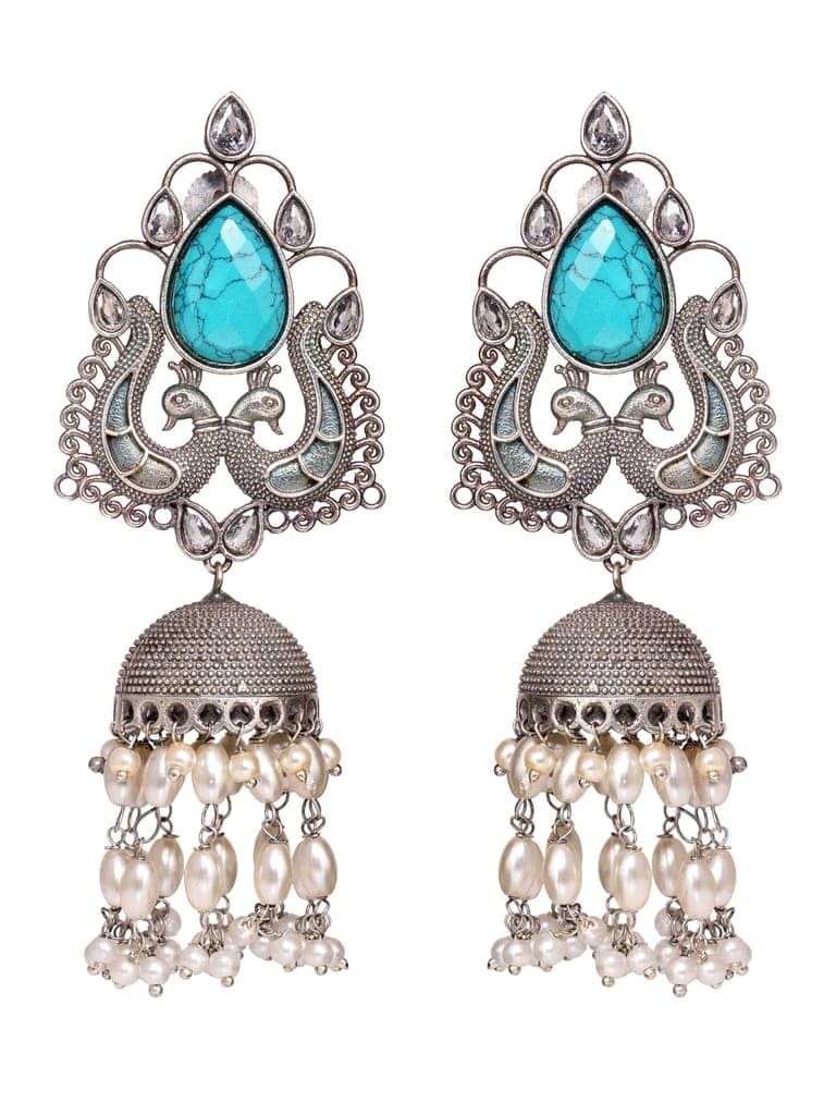 Turquoise Blue studded & beaded Oxidised Jhumka Earrings view 4