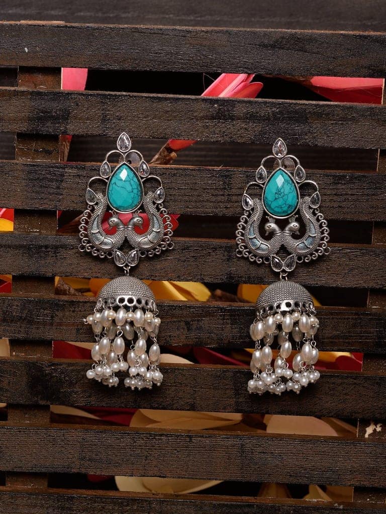 Turquoise Blue studded & beaded Oxidised Jhumka Earrings view 6