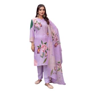 womens cotton blend printed kurti with pant dupatta set lavender pid63051