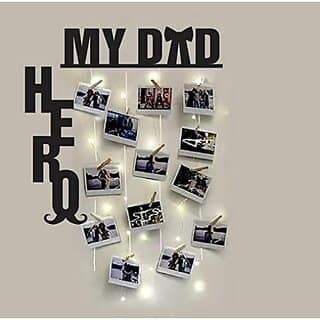 Khush Its Amazing Home Decor Wood My Dad My Hero With LED Light Hanging Photo Display, DIY Picture Photo Frame Collage Set Includes Multi colour Clips