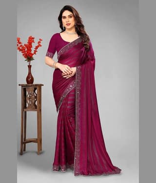 VEERAIVA Chiffon Embellished Saree With Unstitched Blouse Piece ( Purple )