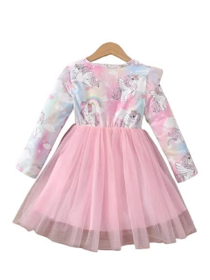Buy & Try Girl's Modal Unicorn Printed Frock Short Knee Length Long Sleeve Frocks Dress. view 7