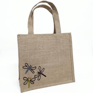 HAND EMBROIDERED DRAGONFLY JUTE TOTE BAG