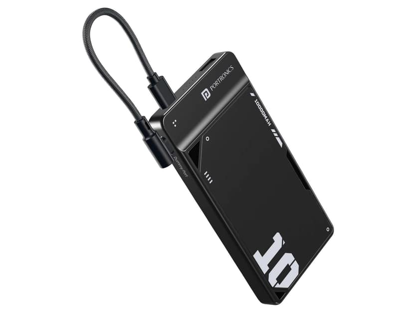 Portronics Luxcell Uno 10K 10000 mAh 22.5W Fast Charging Power Bank with Detachable Type C Cable, Ultra Slim Power Bank with Mach USB-A Output, Type C - Black