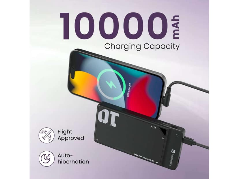 Portronics Luxcell Uno 10K 10000 mAh 22.5W Fast Charging Power Bank with Detachable Type C Cable, Ultra Slim Power Bank with Mach USB-A Output, Type C - Black view 2