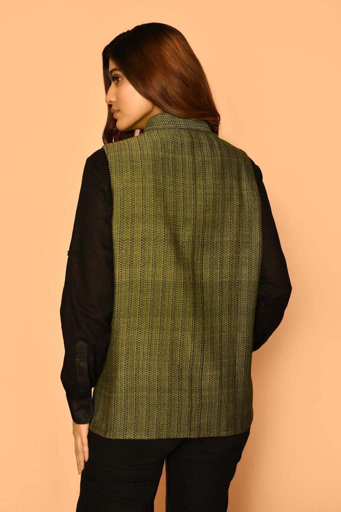Olive green Handloom cotton Nehru jacket for women view 6