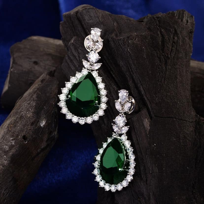Silver Plated Green drop Earrings view 2