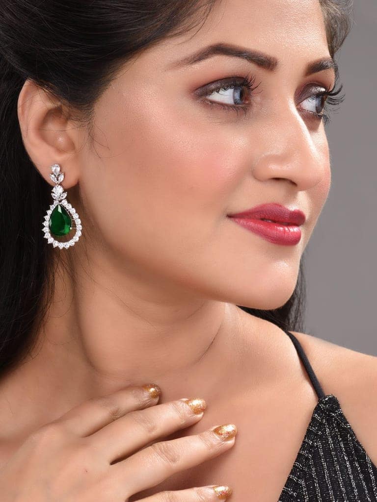 Silver Plated Green drop Earrings view 3