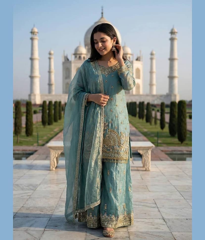 BHAGYASHRAY Women Silk Embroidered Ethnic Motifs Kurti With Alladin Salwar ( Blue )