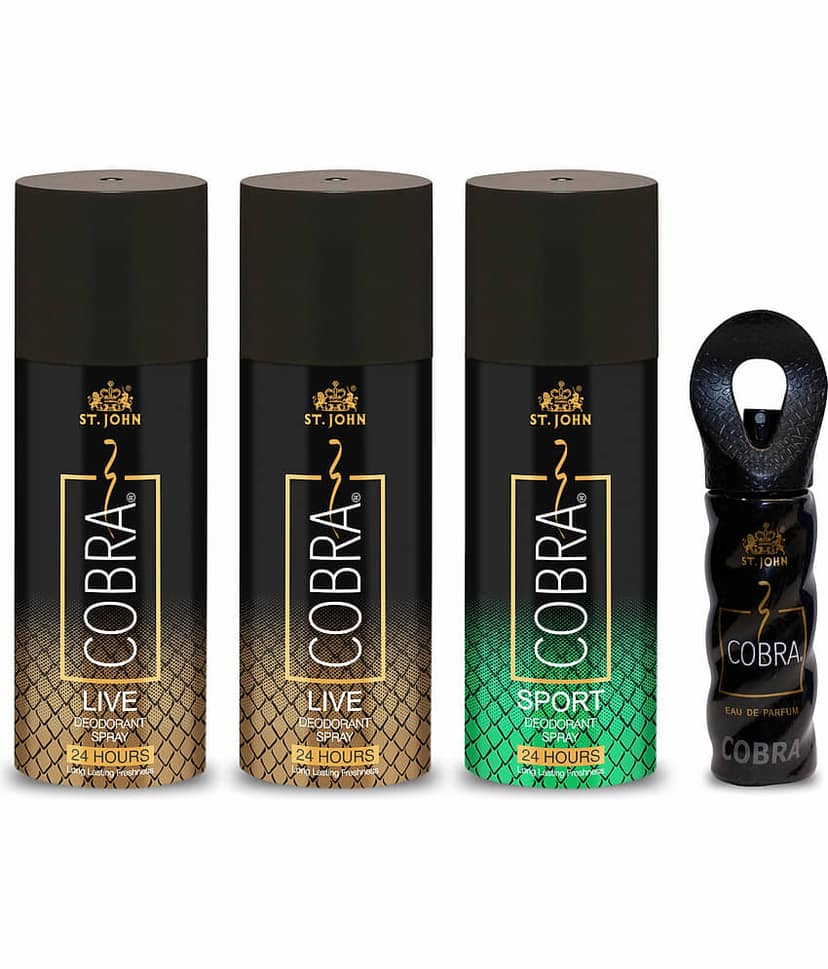 ST.JOHN Cobra Live 150ml*2,Sport 150ml & 15ml Deodorant Spray & Perfume for Men (465ml) Pack of 4