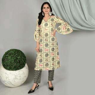 MELLOW YELLOW HAND BLOCK PRINTS PURE COTTON KURTI ADORNED WITH "BELL SHAPED SLEEVES" SET OF 2