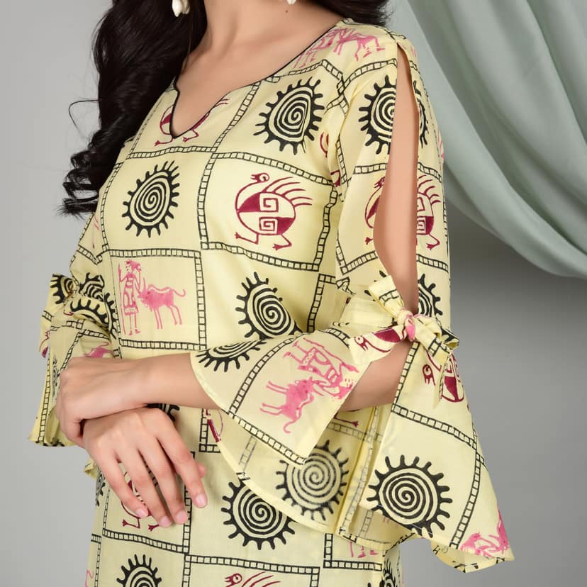 MELLOW YELLOW HAND BLOCK PRINTS PURE COTTON KURTI ADORNED WITH "BELL SHAPED SLEEVES" SET OF 2 view 3