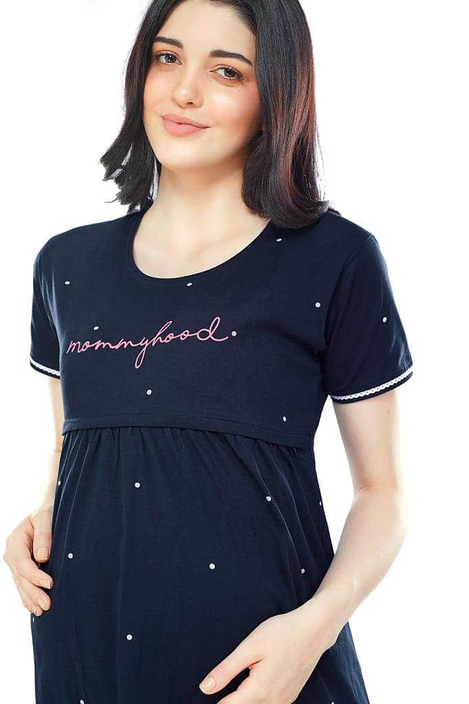 ZEYO Women Cotton Navy Blue Dot Print Maternity & Feeding Night Dress view 2