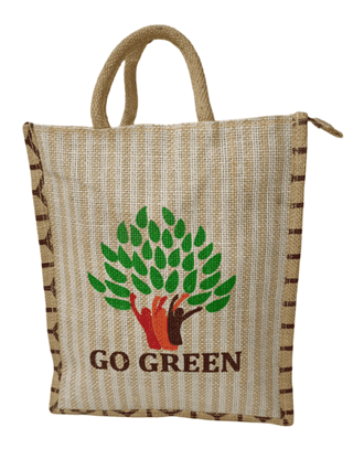 Jute Tote Bag with Go Green Print Brown Colour (Medium)
