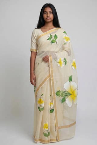 Kota Doria Cotton Saree Ivory Hand Painted Frangipani