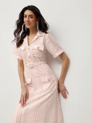 Blush Lace Belted Midi Dress