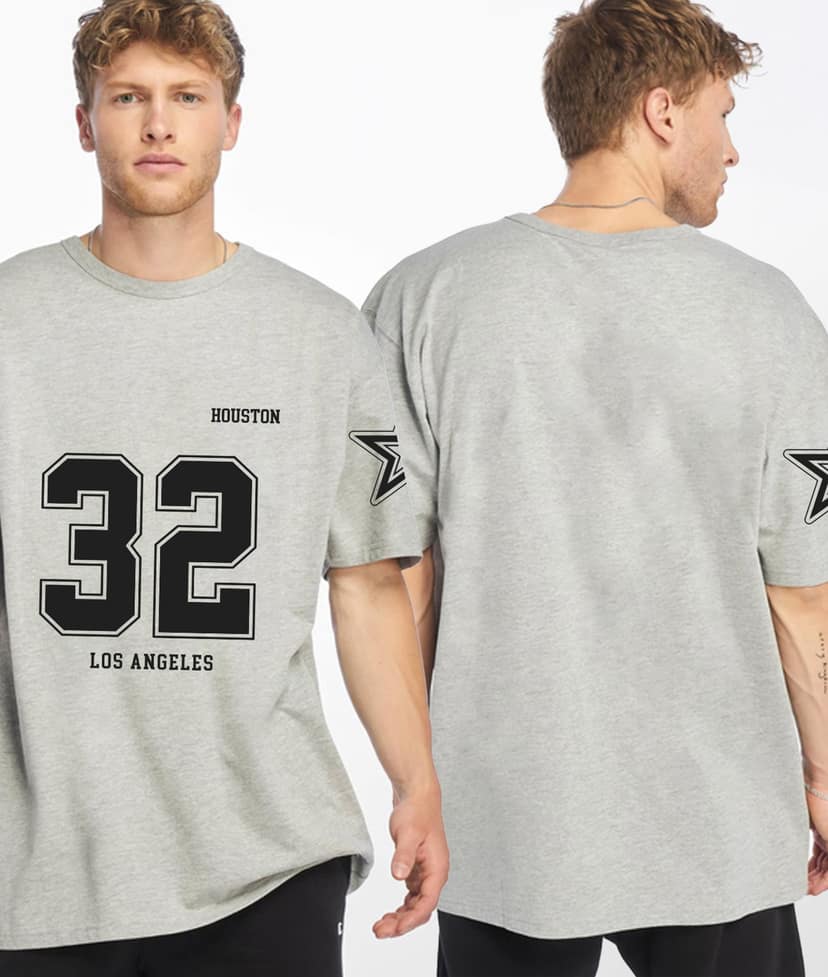 SCOTT FINCHER Men's Casual Short Sleeve Cotton T-shirt with HOUSTON and 32 Print in Black : AA(ARN)GREY_43 view 3