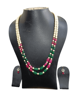 Double Strand Pearl Green Pink Beaded Necklace Set with Earrings