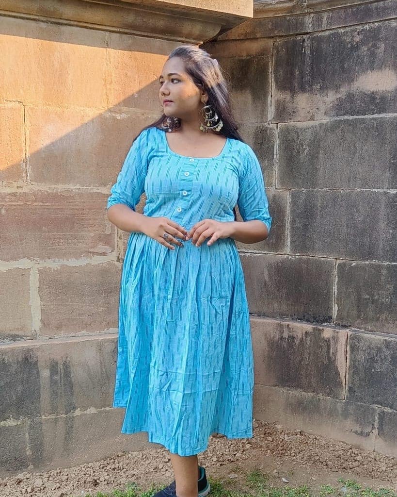 Pure Cotton Ikkat Dress Light Sky Blue Colour (Size XXS(32) to Plus Size(56))-3788 view 4