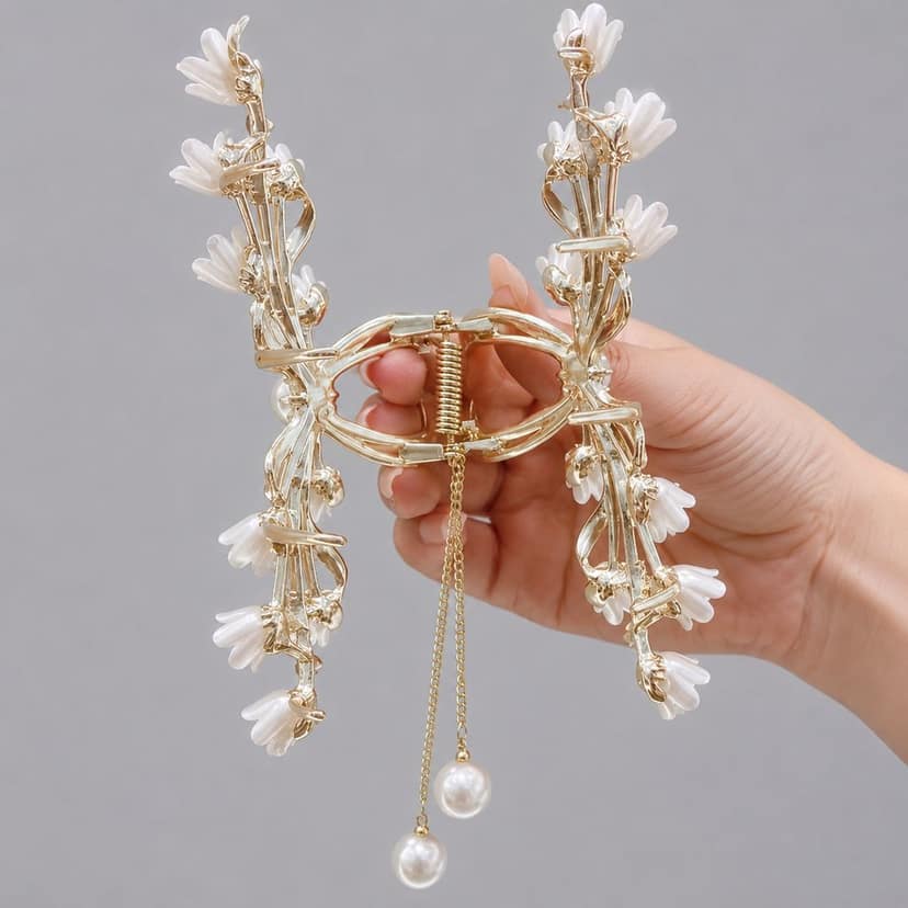 Elegant Green White Lily Pearl Hair Claw view 3