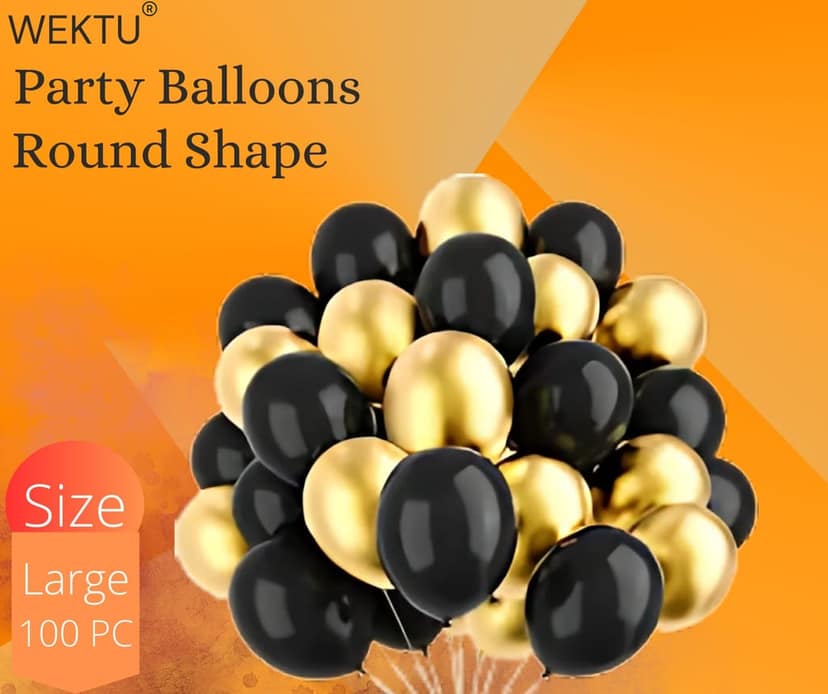 Wektu Party Balloons - Black & Gold Round Shape (100 PC)