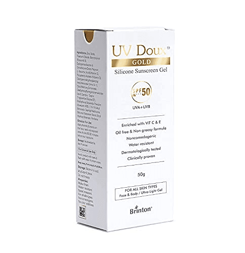 Brinton UV Doux Gold Silicone Sunscreen Gel with SPF 50 PA+++ | Enriched With Vitamin C & E | UVA & UVB Protection | For All Skin Types